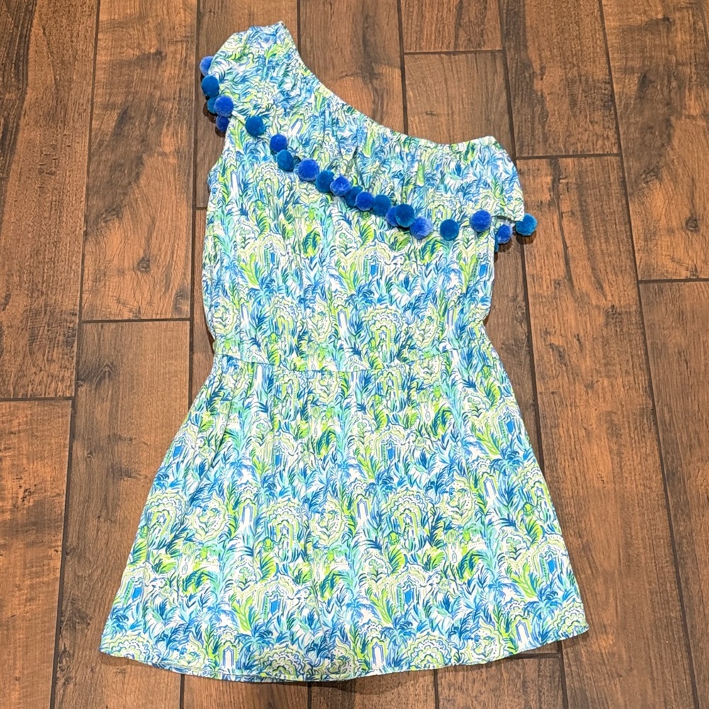 Lilly Pulitzer Blue and Green One-Shoulder Mini Dress with Pom Trim
